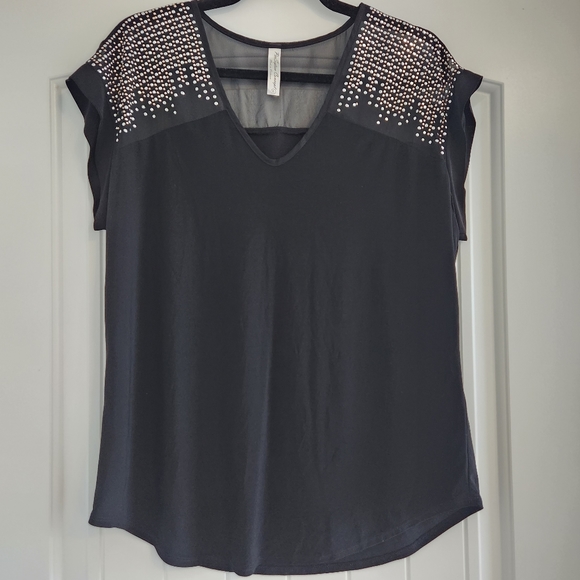PerSeption Black Rhinestone Studded Shoulder Blouse Top π - Picture 1 of 5